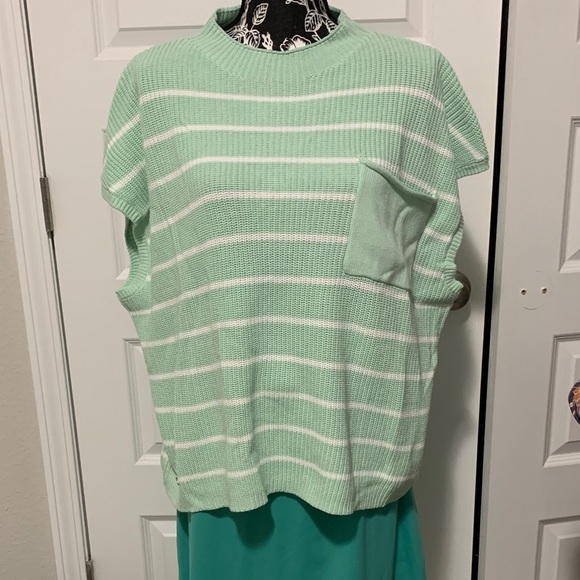 Simply Southern Green and White Striped Turtleneck Sweater Capsleeve - Picture 2 of 9